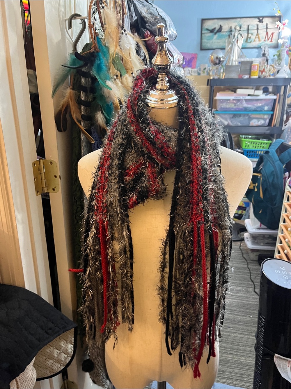 Hand Crafted Black, Gray & Red Textured Fringe Scarf S187